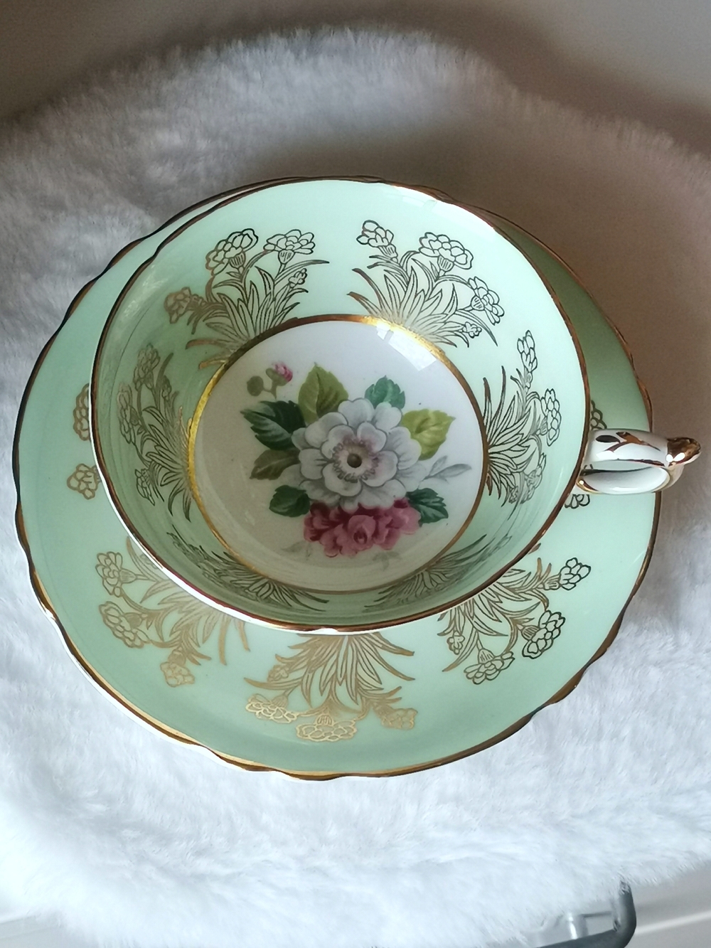 PARAGON Mint Green Porcelain Teacup and Saucer with Floral Center and Gold Trim
